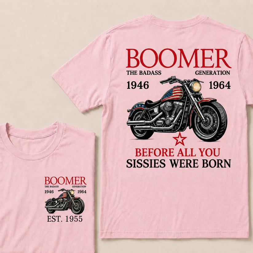 Custom EST Year Boomer Generation Biker Motorcycle American Flag Double Sided Print T-Shirt