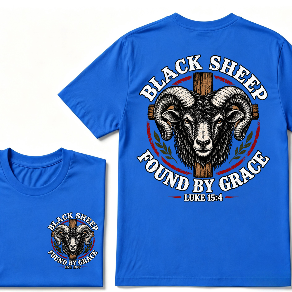 Black Sheep Found By Grace Luke 15:4 Custom EST.Year Ram Head Cross Christian Graphic T-Shirt