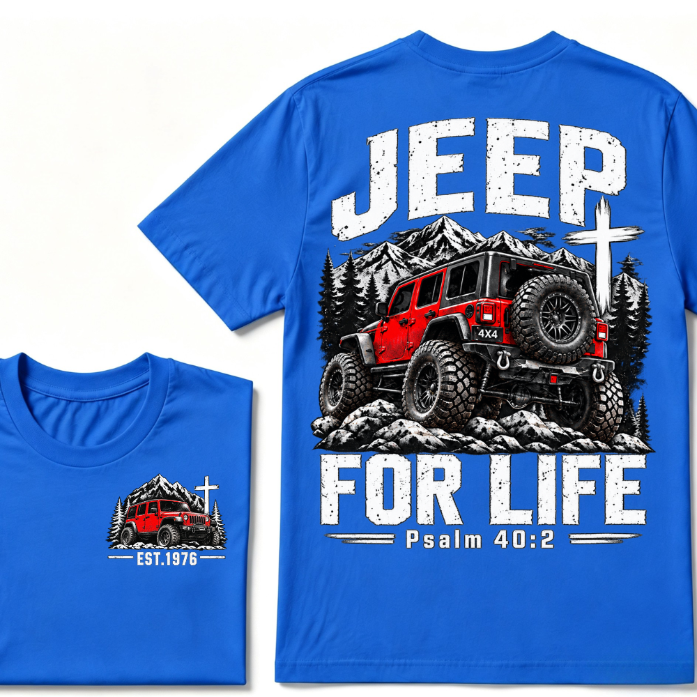 Custom EST Year Jeep For Life Psalm 40:2 Red 4X4 Offroad Mountain Cross Double Sided T-Shirt