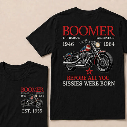 Custom EST Year Boomer Generation Biker Motorcycle American Flag Double Sided Print T-Shirt