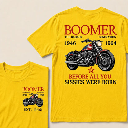 Custom EST Year Boomer Generation Biker Motorcycle American Flag Double Sided Print T-Shirt
