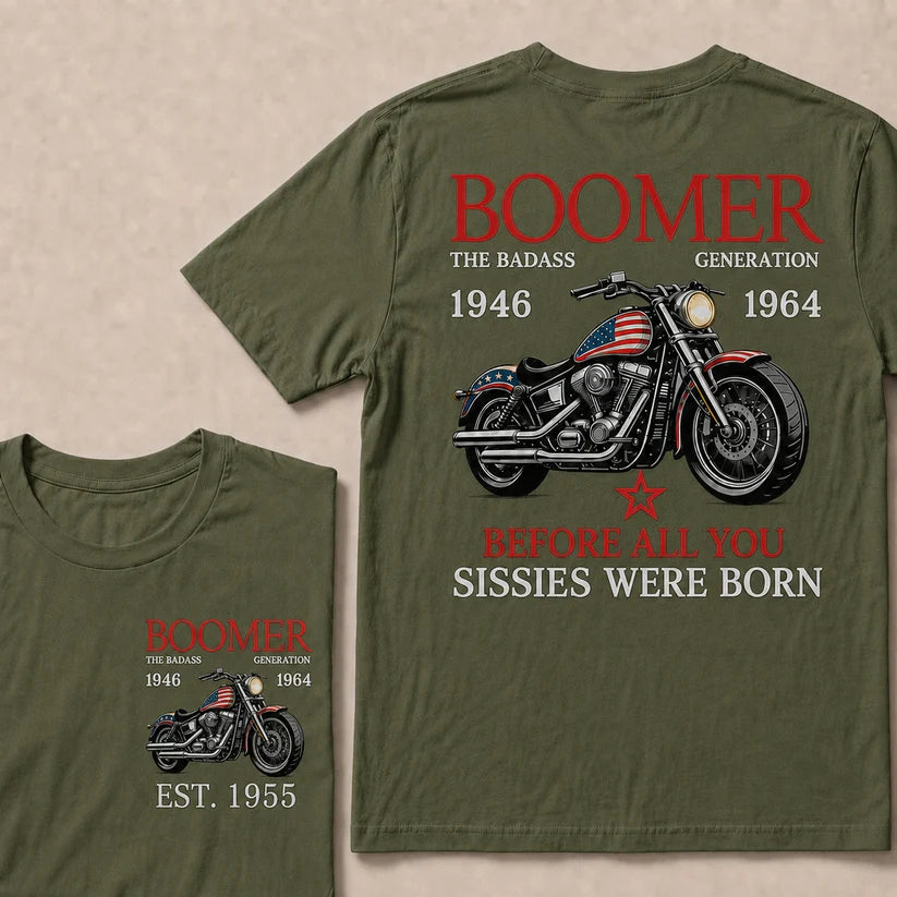Custom EST Year Boomer Generation Biker Motorcycle American Flag Double Sided Print T-Shirt