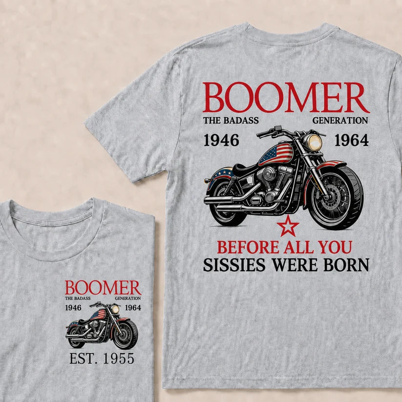 Custom EST Year Boomer Generation Biker Motorcycle American Flag Double Sided Print T-Shirt