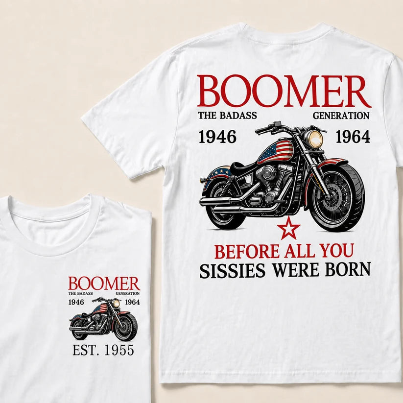 Custom EST Year Boomer Generation Biker Motorcycle American Flag Double Sided Print T-Shirt