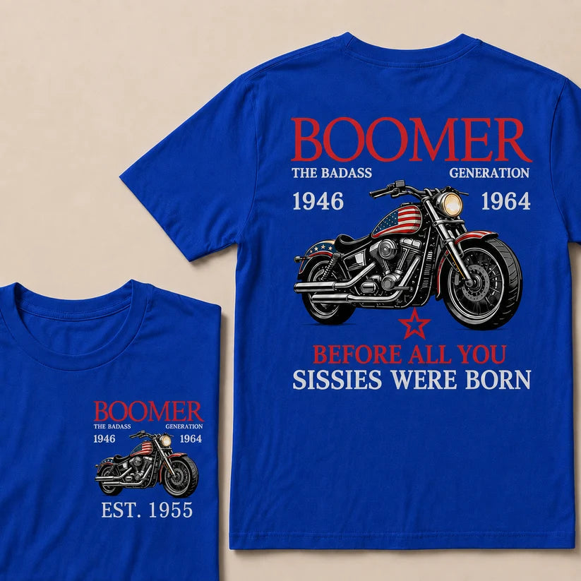 Custom EST Year Boomer Generation Biker Motorcycle American Flag Double Sided Print T-Shirt