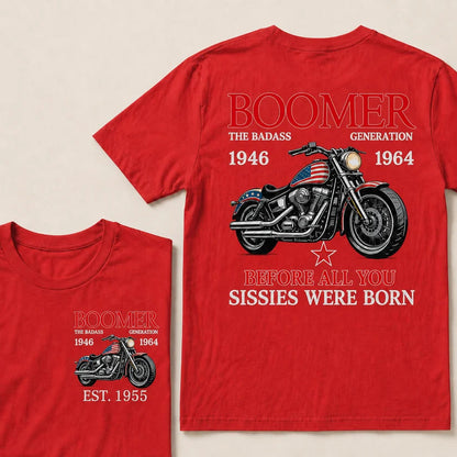 Custom EST Year Boomer Generation Biker Motorcycle American Flag Double Sided Print T-Shirt