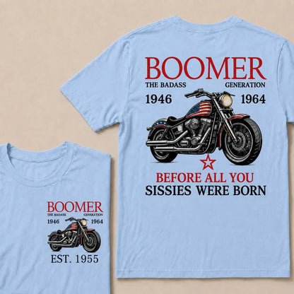 Custom EST Year Boomer Generation Biker Motorcycle American Flag Double Sided Print T-Shirt