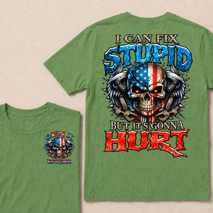 Custom Year Gen X USA Flag Skull Tee | I Can Fix Stupid But It's Gonna Hurt Double Sided Print T-Shirt