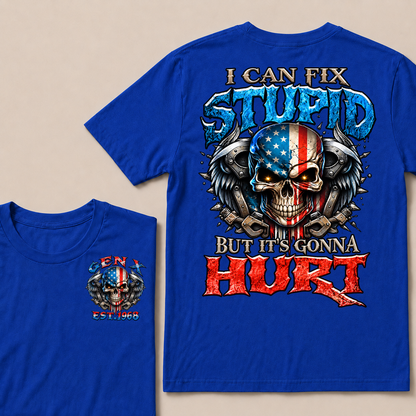 Custom Year Gen X USA Flag Skull Tee | I Can Fix Stupid But It's Gonna Hurt Double Sided Print T-Shirt