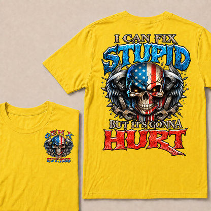 Custom Year Gen X USA Flag Skull Tee | I Can Fix Stupid But It's Gonna Hurt Double Sided Print T-Shirt