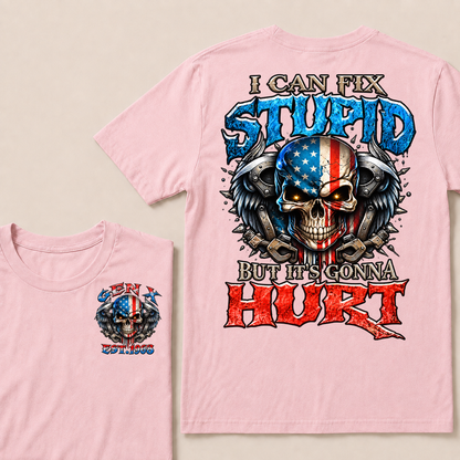 Custom Year Gen X USA Flag Skull Tee | I Can Fix Stupid But It's Gonna Hurt Double Sided Print T-Shirt