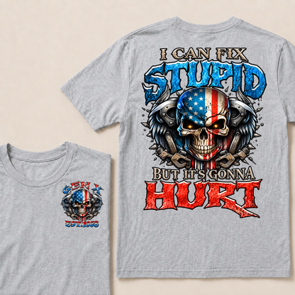 Custom Year Gen X USA Flag Skull Tee | I Can Fix Stupid But It's Gonna Hurt Double Sided Print T-Shirt