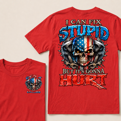 Custom Year Gen X USA Flag Skull Tee | I Can Fix Stupid But It's Gonna Hurt Double Sided Print T-Shirt
