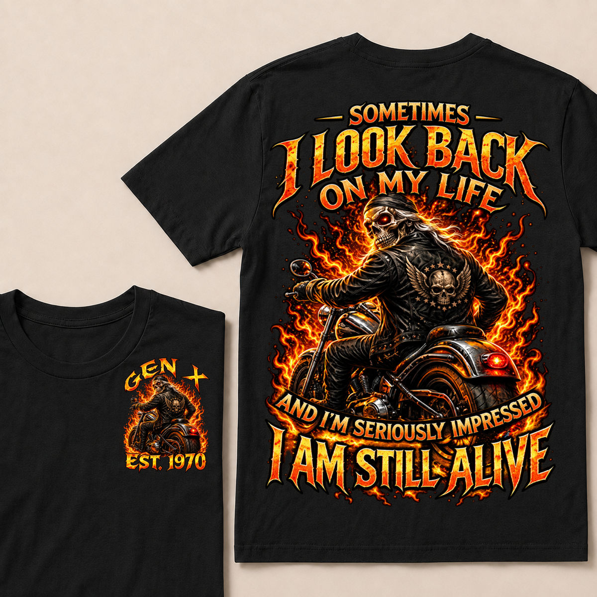 Custom EST Year Gen X Biker Skeleton Fire Graphic Tee