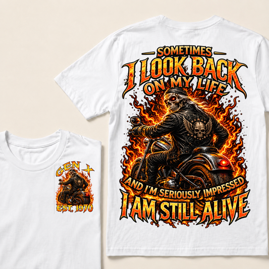 Custom EST Year Gen X Biker Skeleton Fire Graphic Tee
