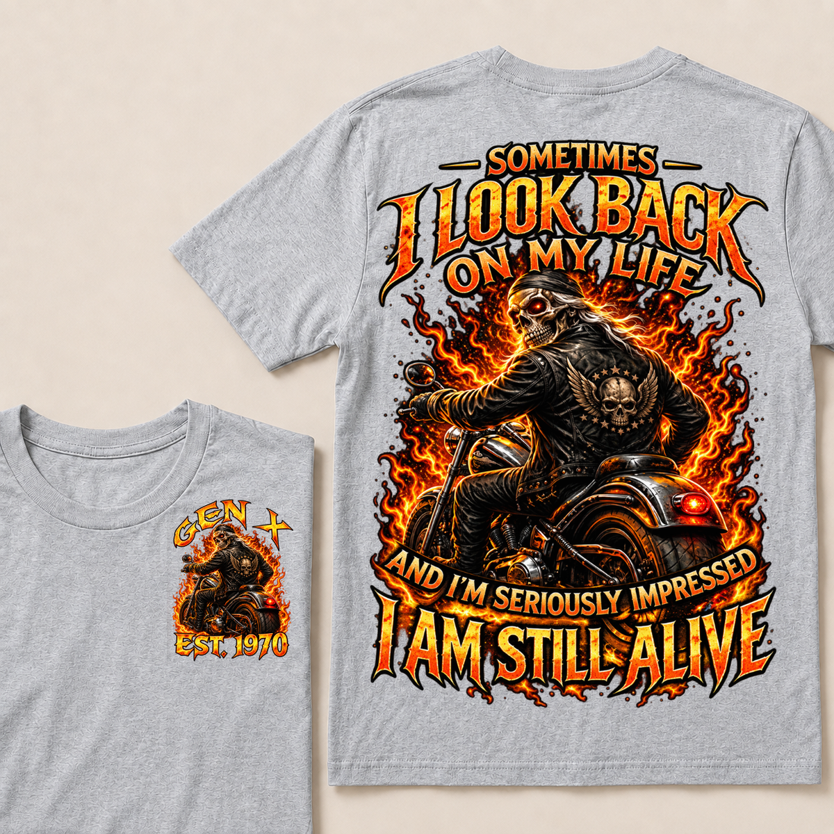 Custom EST Year Gen X Biker Skeleton Fire Graphic Tee