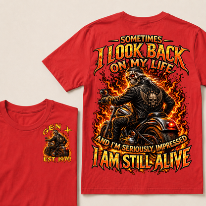 Custom EST Year Gen X Biker Skeleton Fire Graphic Tee