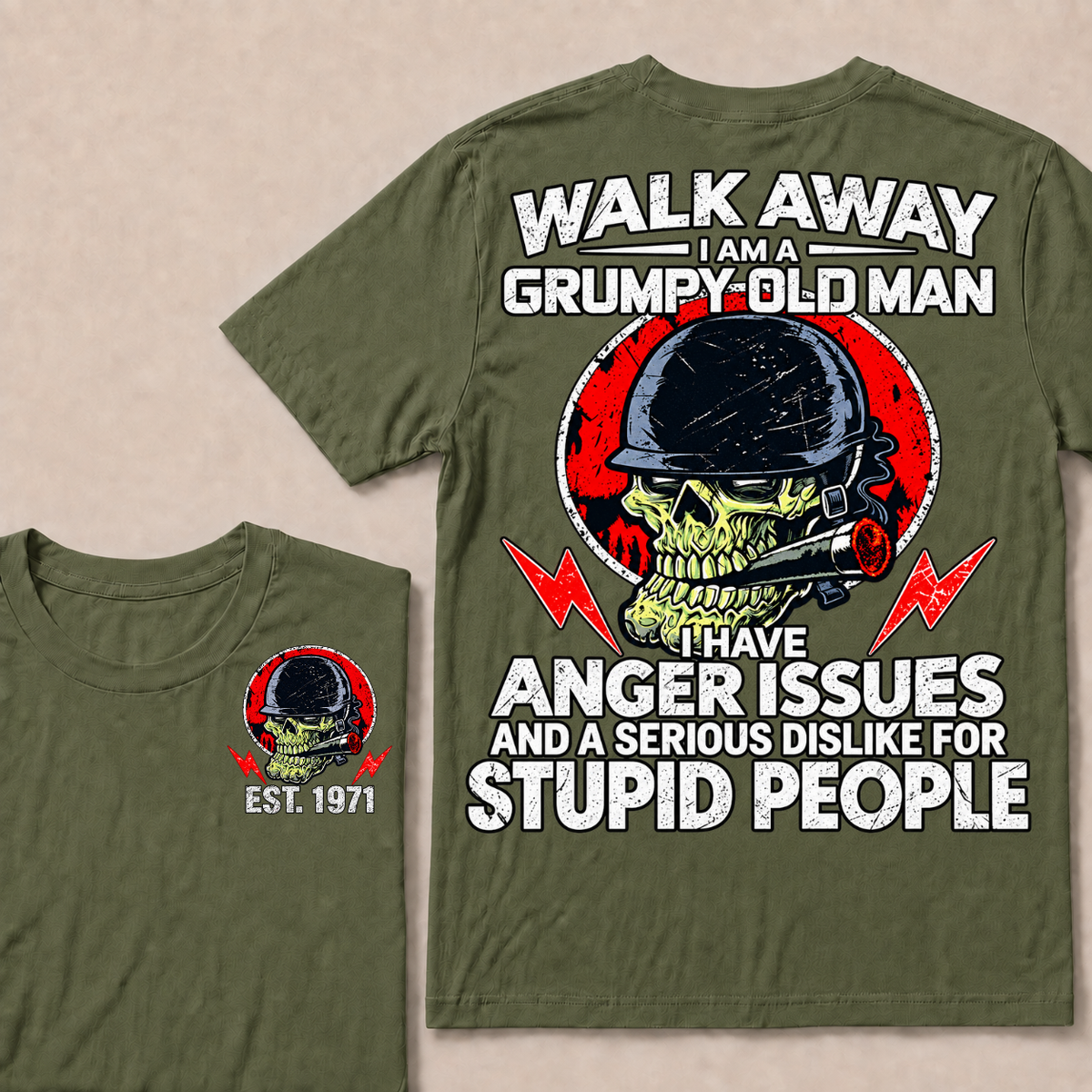 Custom EST Year Grumpy Old Man Anger Issues Skull Tee