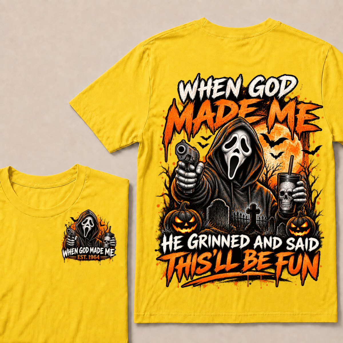 Custom EST Year When God Made Me He Grinned And Said This'll Be Fun Ghostface Halloween Pumpkin Double Sided T-Shirt