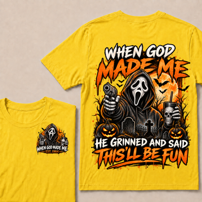 Custom EST Year When God Made Me He Grinned And Said This'll Be Fun Ghostface Halloween Pumpkin Double Sided T-Shirt