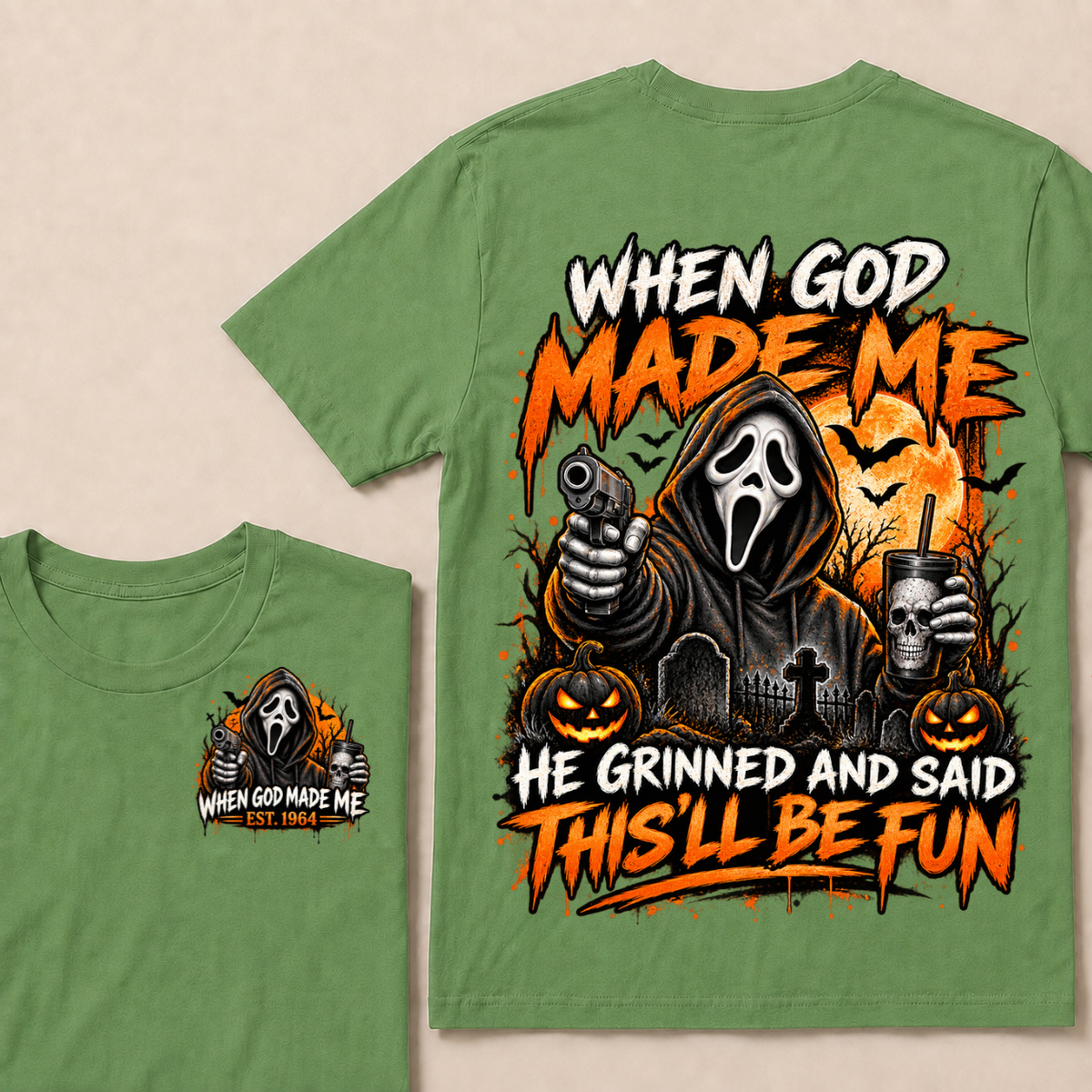 Custom EST Year When God Made Me He Grinned And Said This'll Be Fun Ghostface Halloween Pumpkin Double Sided T-Shirt