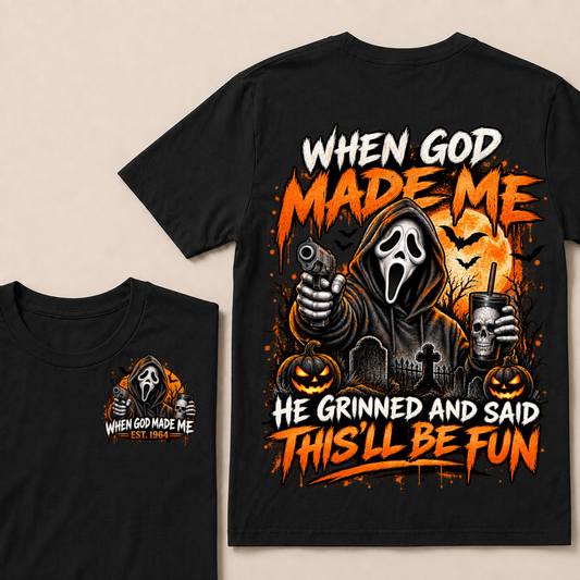 Custom EST Year When God Made Me He Grinned And Said This'll Be Fun Ghostface Halloween Pumpkin Double Sided T-Shirt