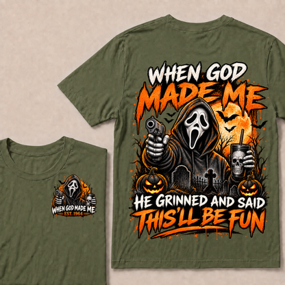 Custom EST Year When God Made Me He Grinned And Said This'll Be Fun Ghostface Halloween Pumpkin Double Sided T-Shirt