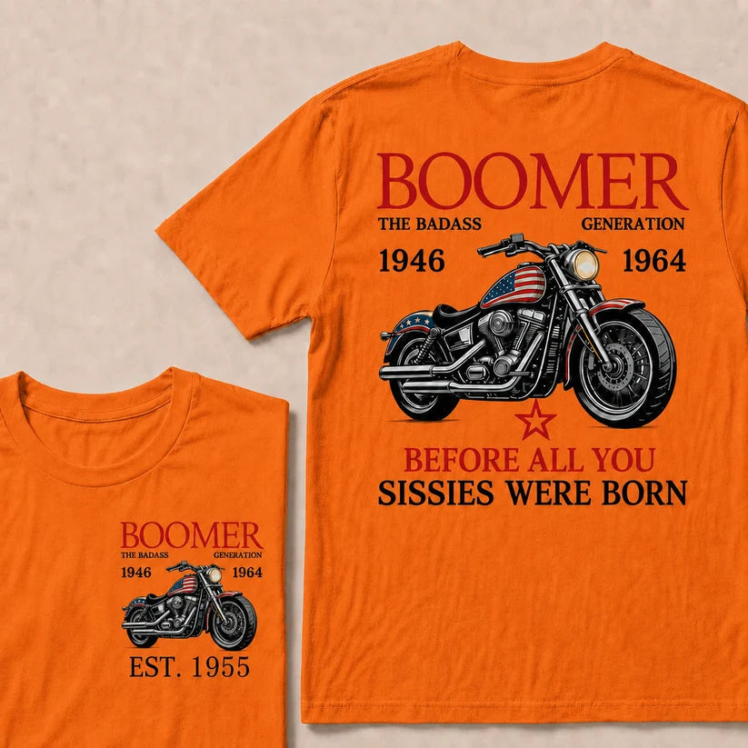 Custom EST Year Boomer Generation Biker Motorcycle American Flag Double Sided Print T-Shirt