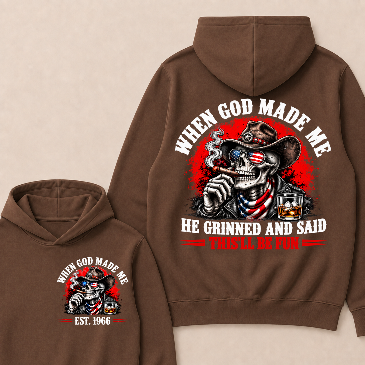Custom EST Year When God Made Me He Grinned And Said This'll Be Fun American Cowboy Skull Double Sided Hoodie