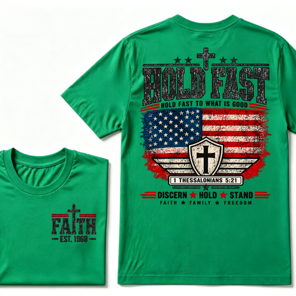 Custom EST Year Hold Fast Hold Fast To What Is Good Faith Family Freedom 1 Thessalonians 5:21 Christian Patriotic T-Shirt