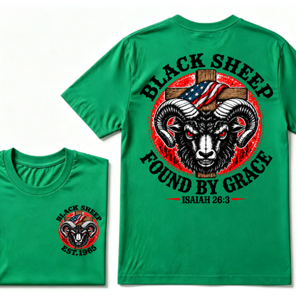 Custom Year Black Sheep Faith Tee | Found By Grace Cross USA Flag Isaiah 26:3 Double Sided Print Mens Graphic T-Shirt