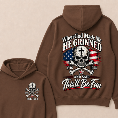 Custom EST Year When God Made Me He Grinned And Said This'll Be Fun American Flag Cross Skull Double Sided Hoodie