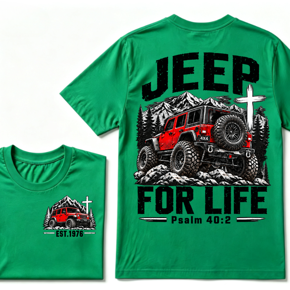 Custom EST Year Jeep For Life Psalm 40:2 Red 4X4 Offroad Mountain Cross Double Sided T-Shirt