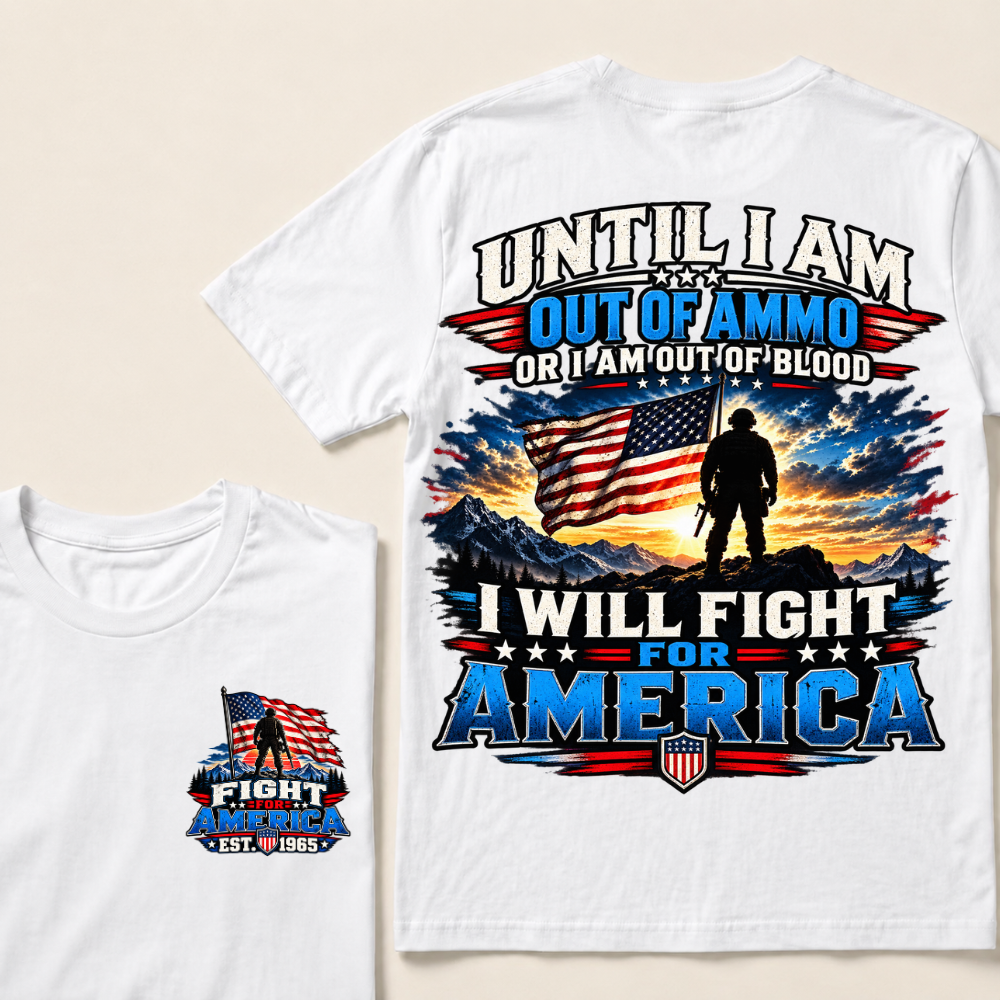 Custom EST Year Patriotic Warrior Tee | Mountain Sunset USA Flag Soldier Double Sided Print Fight For America Mens T-Shirt