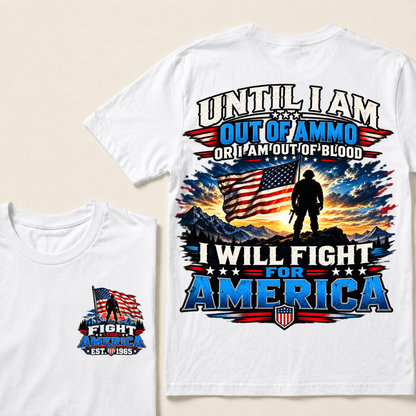 Custom EST Year Patriotic Warrior Tee | Mountain Sunset USA Flag Soldier Double Sided Print Fight For America Mens T-Shirt