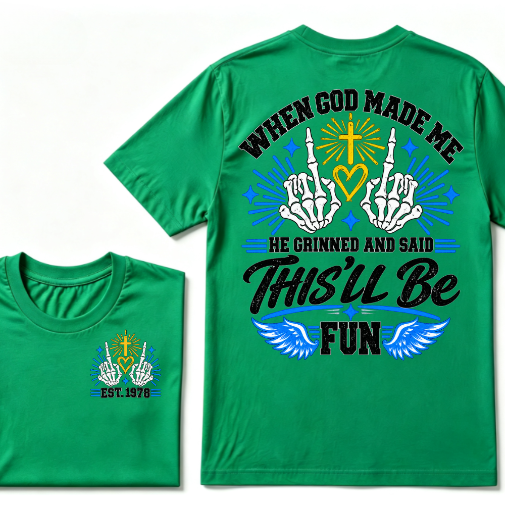 Custom Year Skeleton Hands Faith Tee | When God Made Me Cross Heart Wings Double Sided Print Mens Graphic T-Shirt