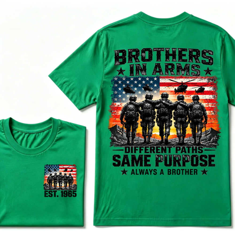Custom Year Brothers In Arms Veteran Tee | US Soldiers USA Flag Helicopter Double Sided Print Mens Military Graphic T-Shirt