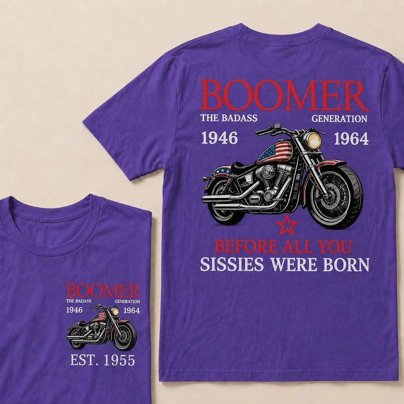 Custom EST Year Boomer Generation Biker Motorcycle American Flag Double Sided Print T-Shirt