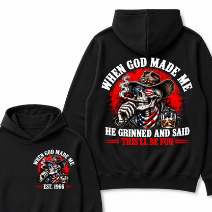 Custom EST Year When God Made Me He Grinned And Said This'll Be Fun American Cowboy Skull Double Sided Hoodie