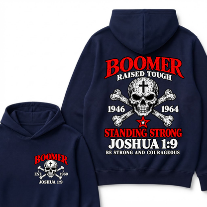 Custom Year Boomer Christian Hoodie | Raised Tough Skull Crossbones Joshua 1:9 Double Sided Print Hooded Sweatshirt Gift