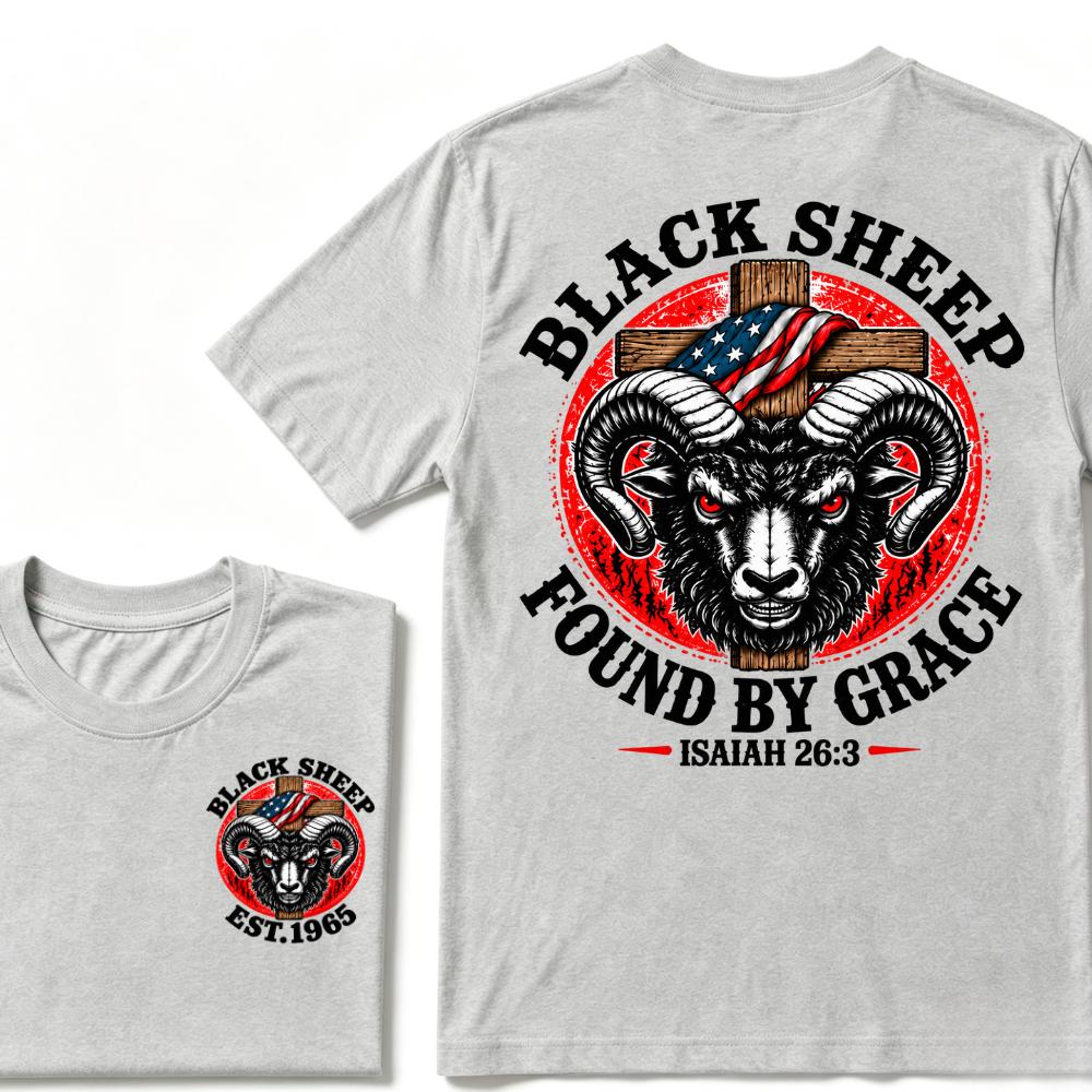 Custom Year Black Sheep Faith Tee | Found By Grace Cross USA Flag Isaiah 26:3 Double Sided Print Mens Graphic T-Shirt