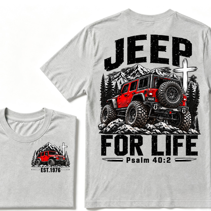 Custom EST Year Jeep For Life Psalm 40:2 Red 4X4 Offroad Mountain Cross Double Sided T-Shirt