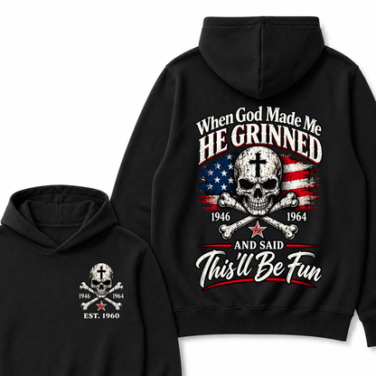 Custom EST Year When God Made Me He Grinned And Said This'll Be Fun American Flag Cross Skull Double Sided Hoodie