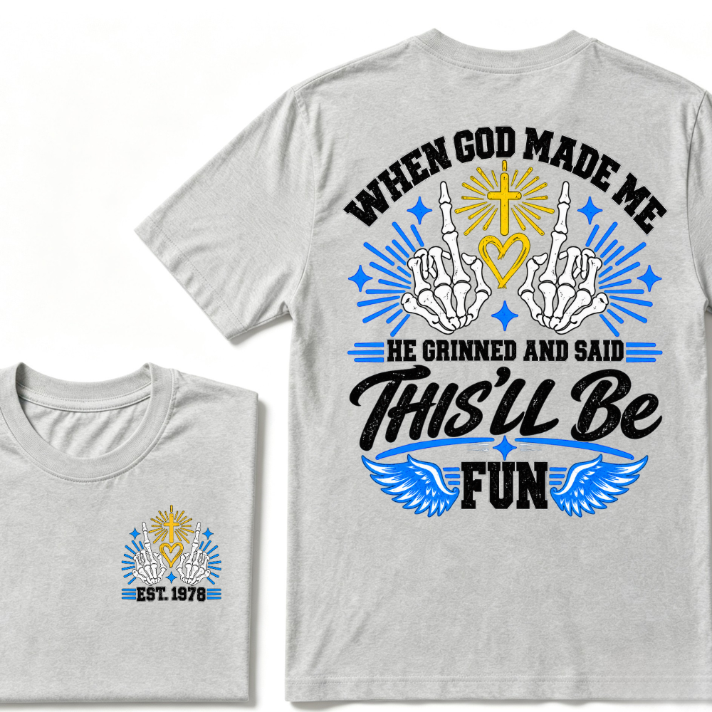 Custom Year Skeleton Hands Faith Tee | When God Made Me Cross Heart Wings Double Sided Print Mens Graphic T-Shirt
