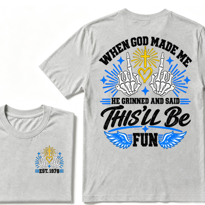 Custom Year Skeleton Hands Faith Tee | When God Made Me Cross Heart Wings Double Sided Print Mens Graphic T-Shirt