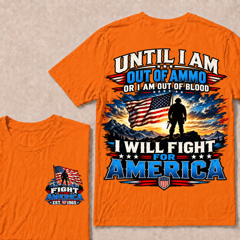 Custom EST Year Patriotic Warrior Tee | Mountain Sunset USA Flag Soldier Double Sided Print Fight For America Mens T-Shirt