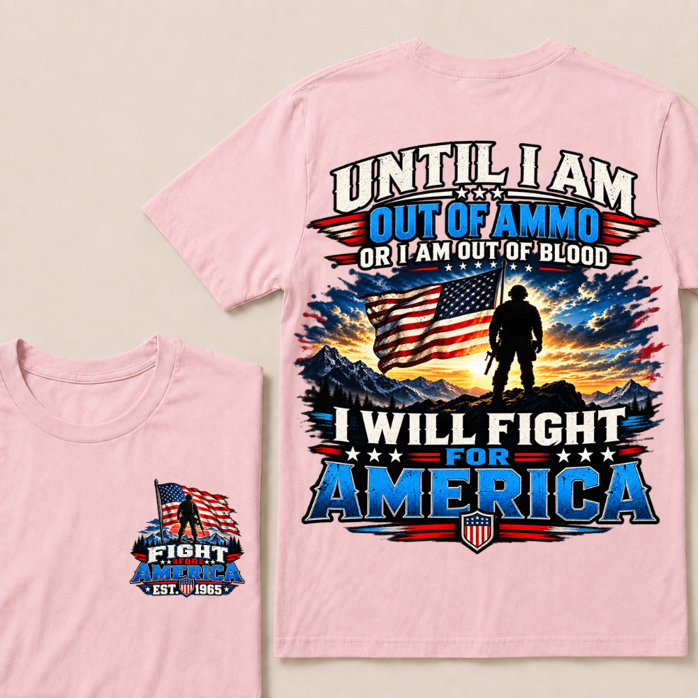 Custom EST Year Patriotic Warrior Tee | Mountain Sunset USA Flag Soldier Double Sided Print Fight For America Mens T-Shirt