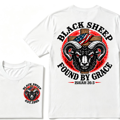 Custom Year Black Sheep Faith Tee | Found By Grace Cross USA Flag Isaiah 26:3 Double Sided Print Mens Graphic T-Shirt