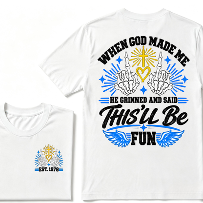 Custom Year Skeleton Hands Faith Tee | When God Made Me Cross Heart Wings Double Sided Print Mens Graphic T-Shirt
