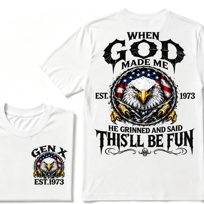 Custom Year Gen X Patriotic Eagle Tee | When God Made Me USA Flag Double Sided Print Mens Graphic T-Shirt